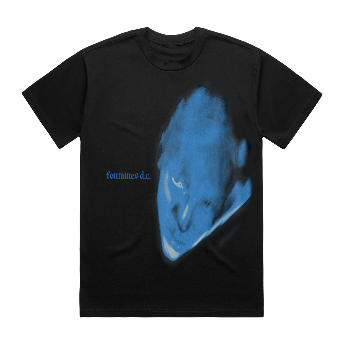 A black short-sleeve t-shirt featuring a large blue graphic print of a distorted face on the front, with the text 'fontaines d.c.'