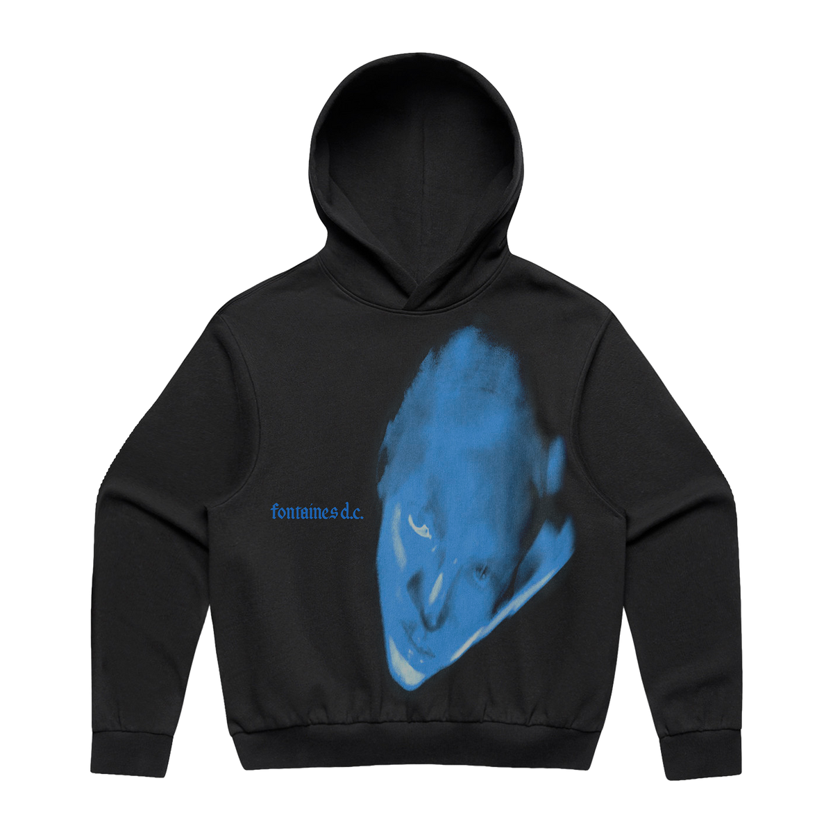 A black pullover hoodie featuring a large blue graphic print of a distorted face on the front, with the text 'fontaines d.c'