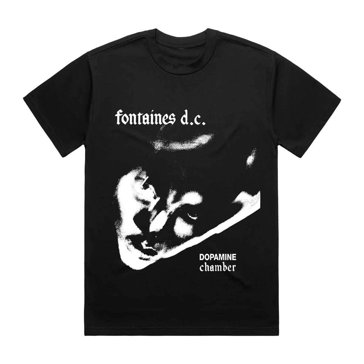 A black short-sleeve graphic t-shirt featuring a white print of a face and the text 'fontaines d.c.'