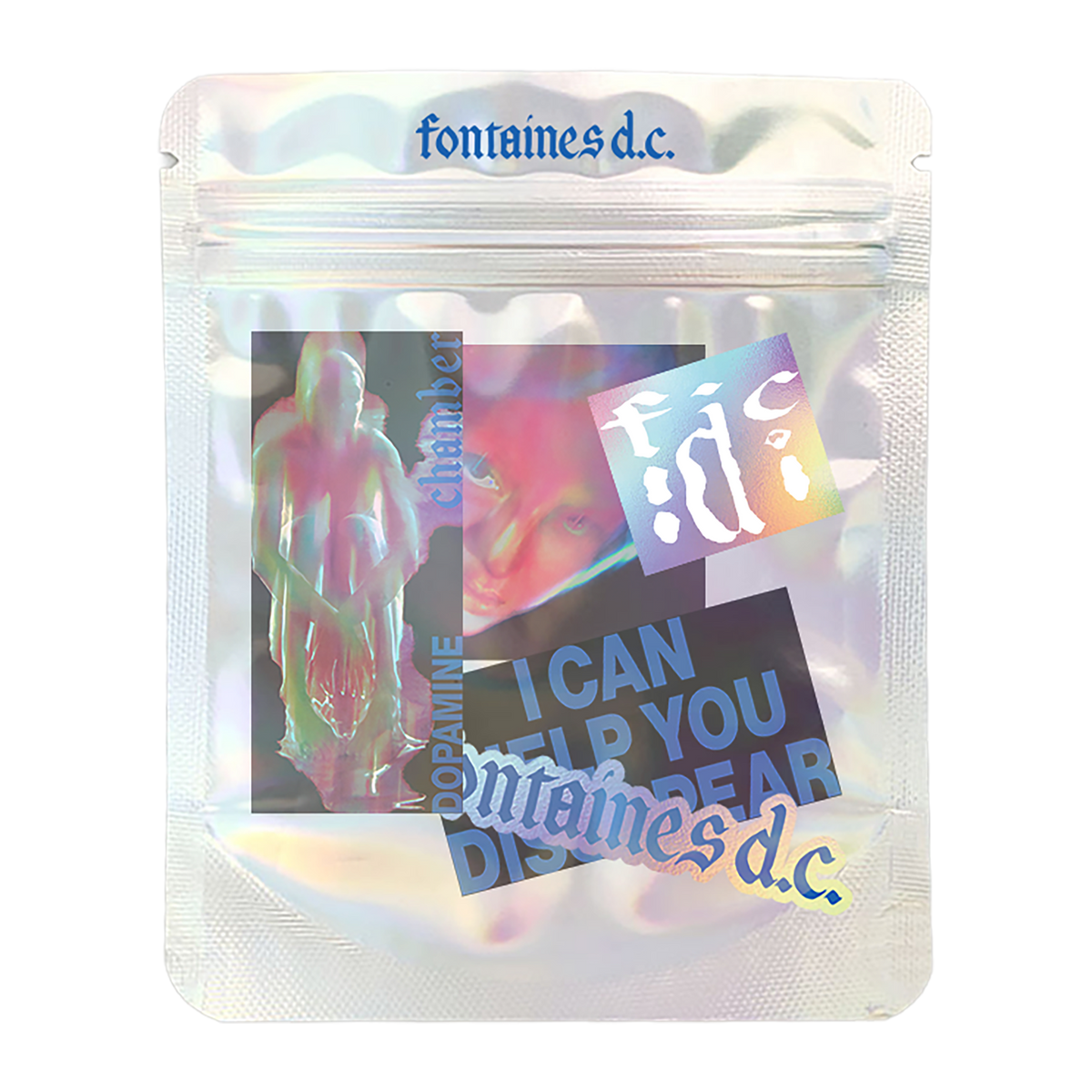 A silver resealable pouch with stickers inside.