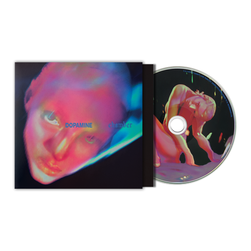 A CD album case and disc, featuring a  neon-toned graphic of a face on the cover and a stylized nude figure on the disc.