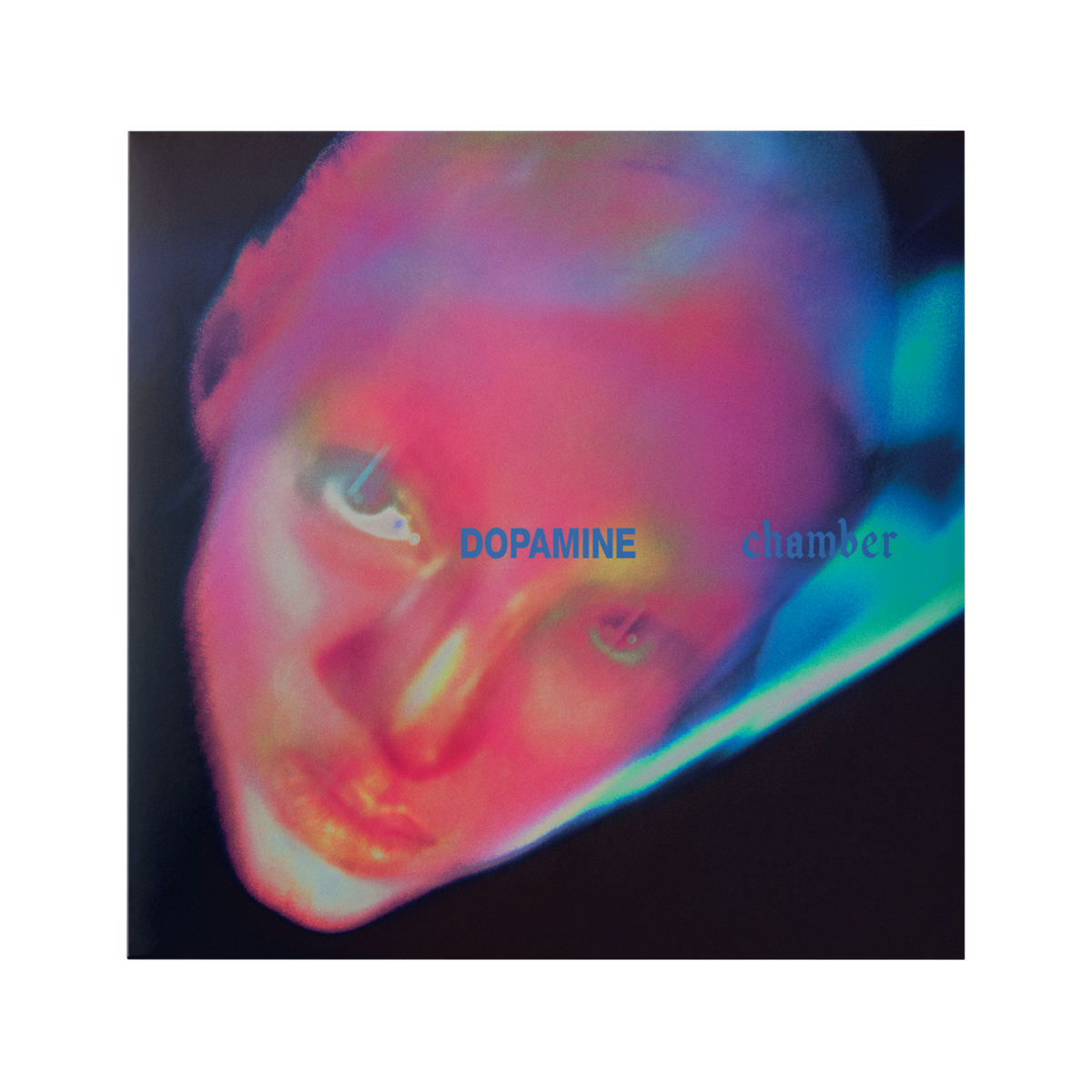 Album cover for 'Dopamine Chamber' featuring a distorted, colorful neon portrait of a face on a dark background.