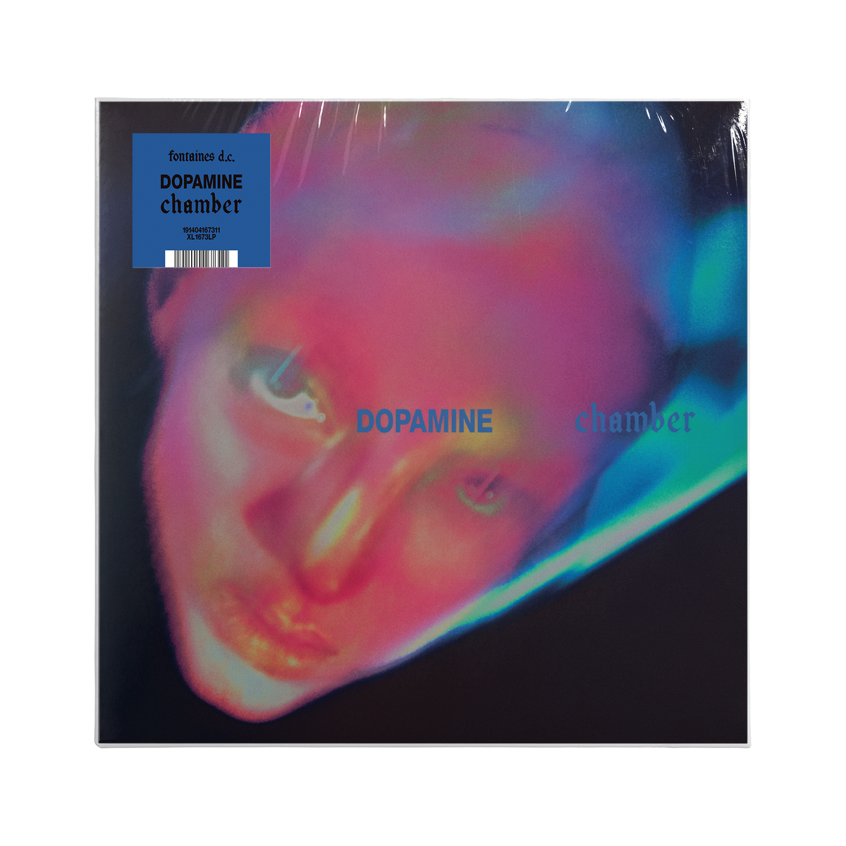 Vinyl record cover for 'Dopamine chamber', featuring a close-up portrait of a neon distorted face on a black background.