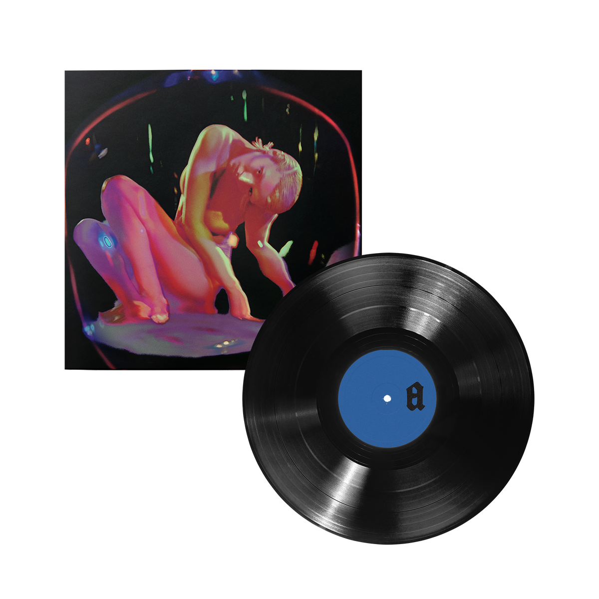 Vinyl album cover featuring neon graphic of a female and black vinyl with blue center.