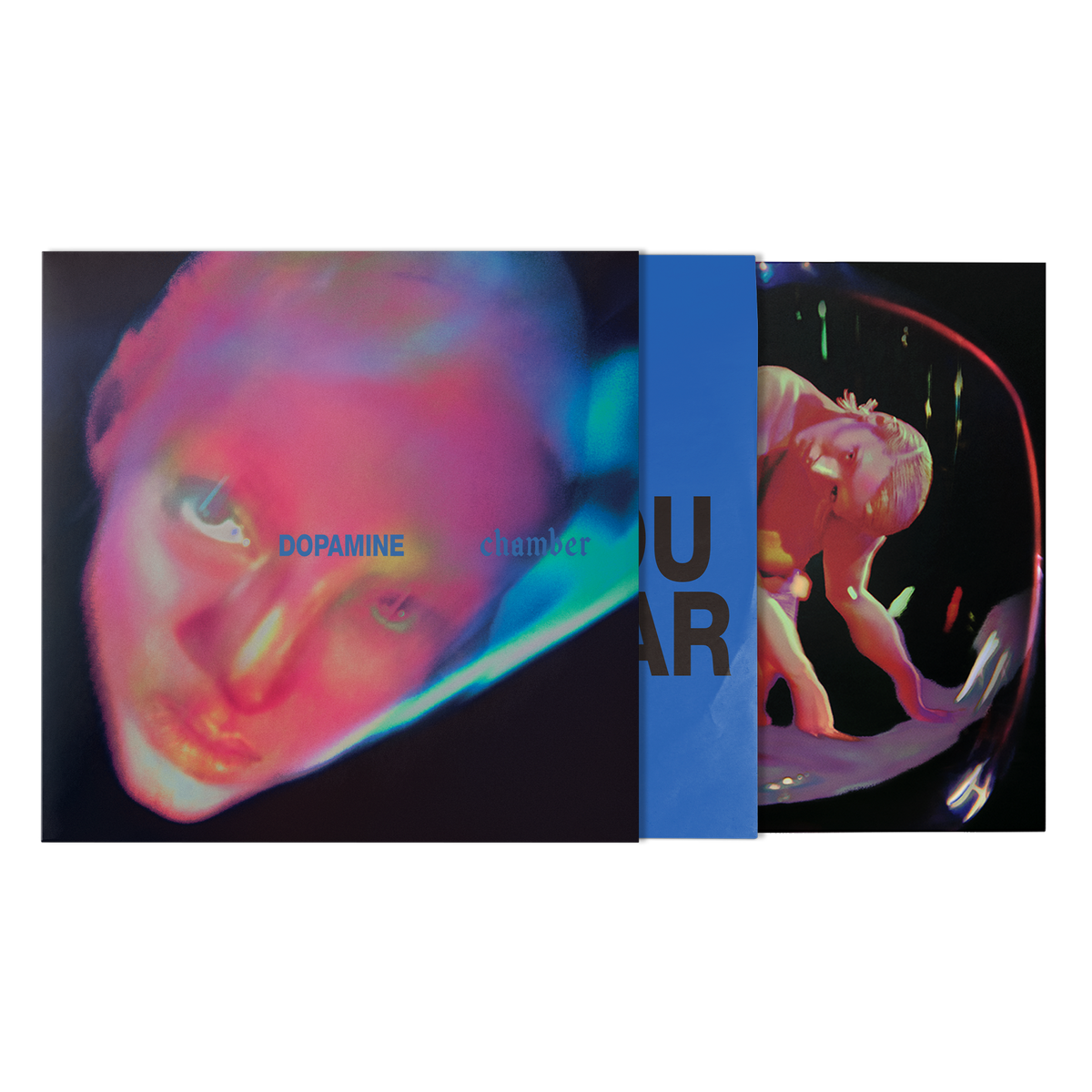 A vinyl record sleeve and inner sleeve. The artwork features a distorted, neon-toned close-up face, with a blue vertical band and dark text.