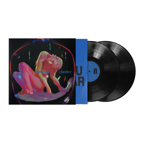 A vinyl record album with illustrated outer sleeve, a blue spine band, and two black records.